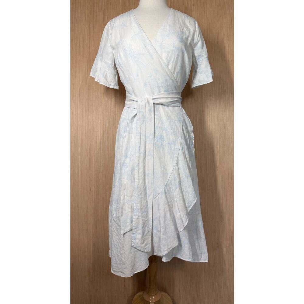 Rachel Parcel Lyocell Linen Floral Wrap Dress Womens Size Medium Lined Coastal